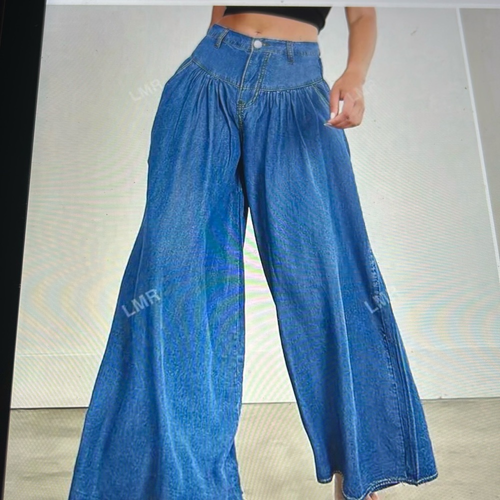 Wide Leg Denim Jeans - Blue